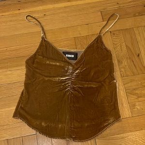REFORMATION MUSTARD/GOLD VELVET TANK TOP WITH RUCHING DETAIL ON FRONT
